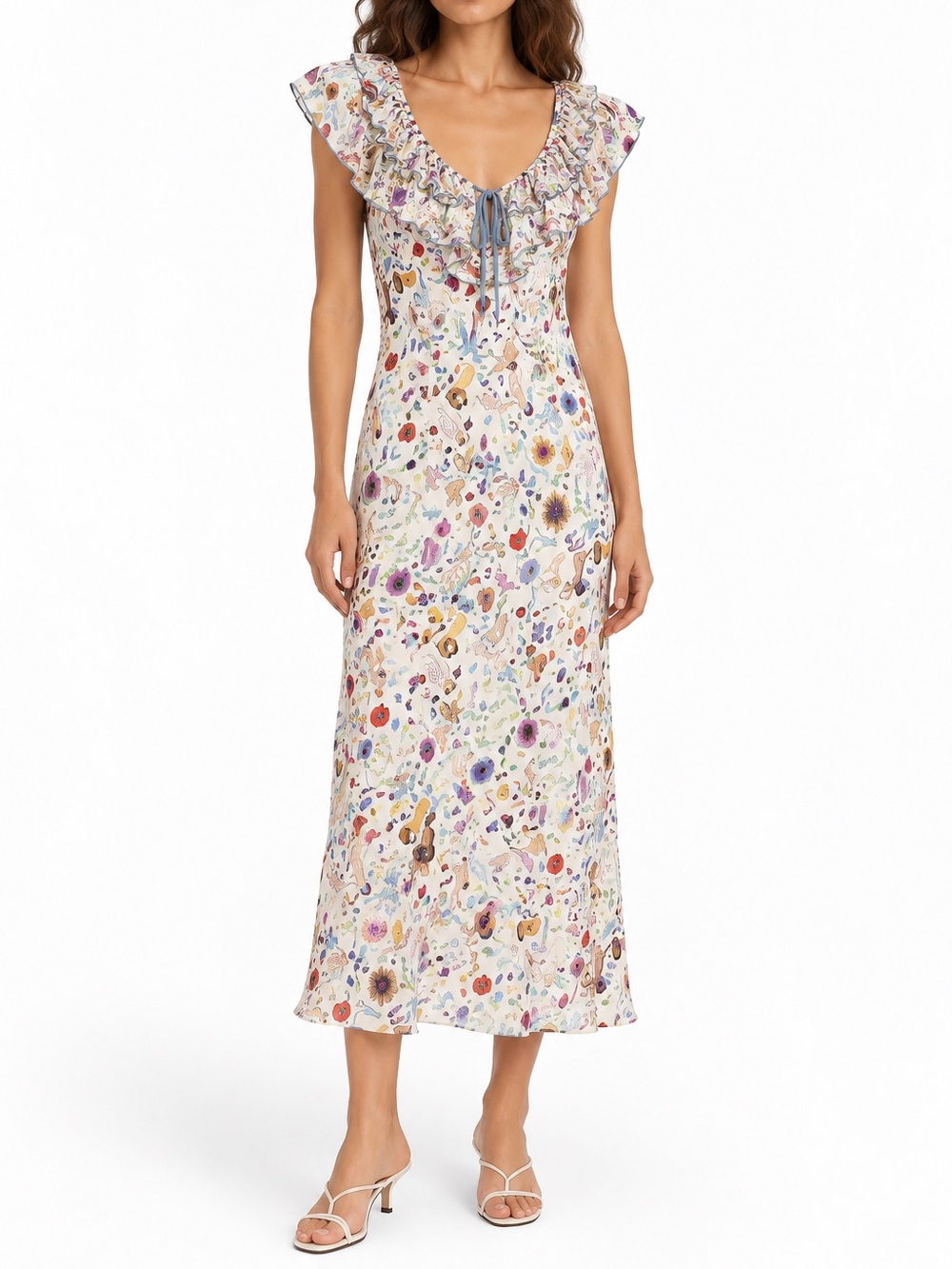 RIXO x Ciao Lucia Seraphina Graphic Print Ruffle Midi Dress Size 6 Viscose